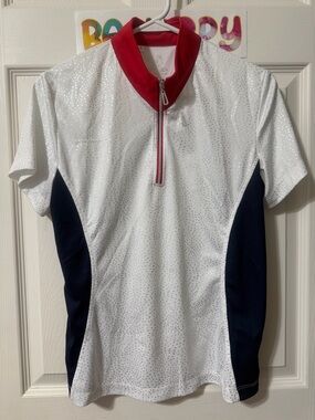 Women’s White Jersey with Red Zip Collar and Navy Side Panels